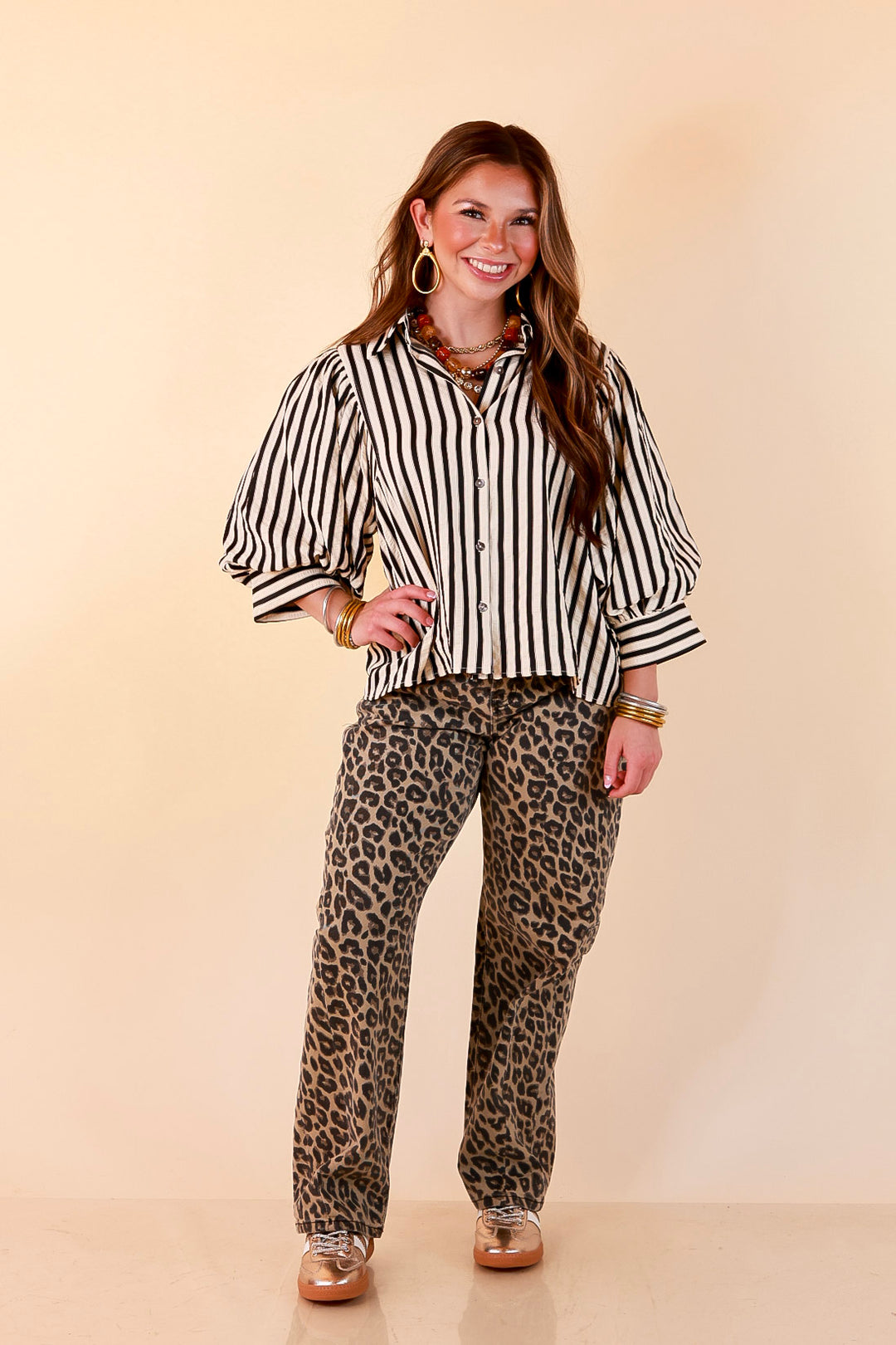The Bold Type Striped 3/4 Sleeve Button-Up Top in Ivory with Black Stripes