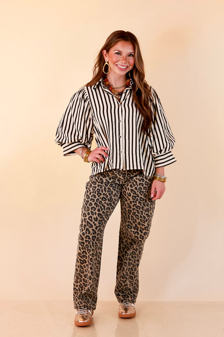 The Bold Type Striped 3/4 Sleeve Button-Up Top in Ivory with Black Stripes