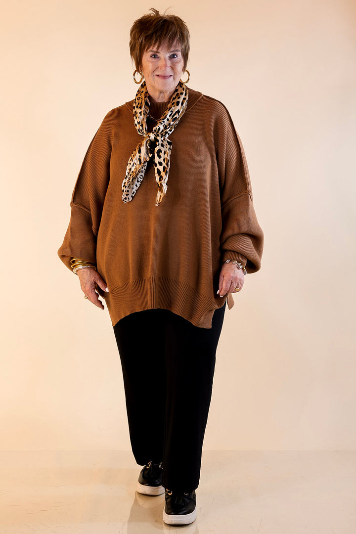 Snug and Stylish Mock Neck Sweater with Side Slit in Camel Brown