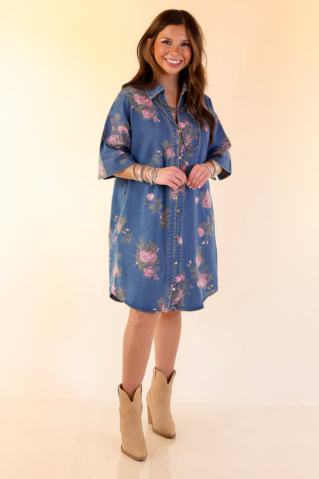 Flirting with Florals Floral Denim Shirt Dress with Gold Button Detail in Classic Blue Denim