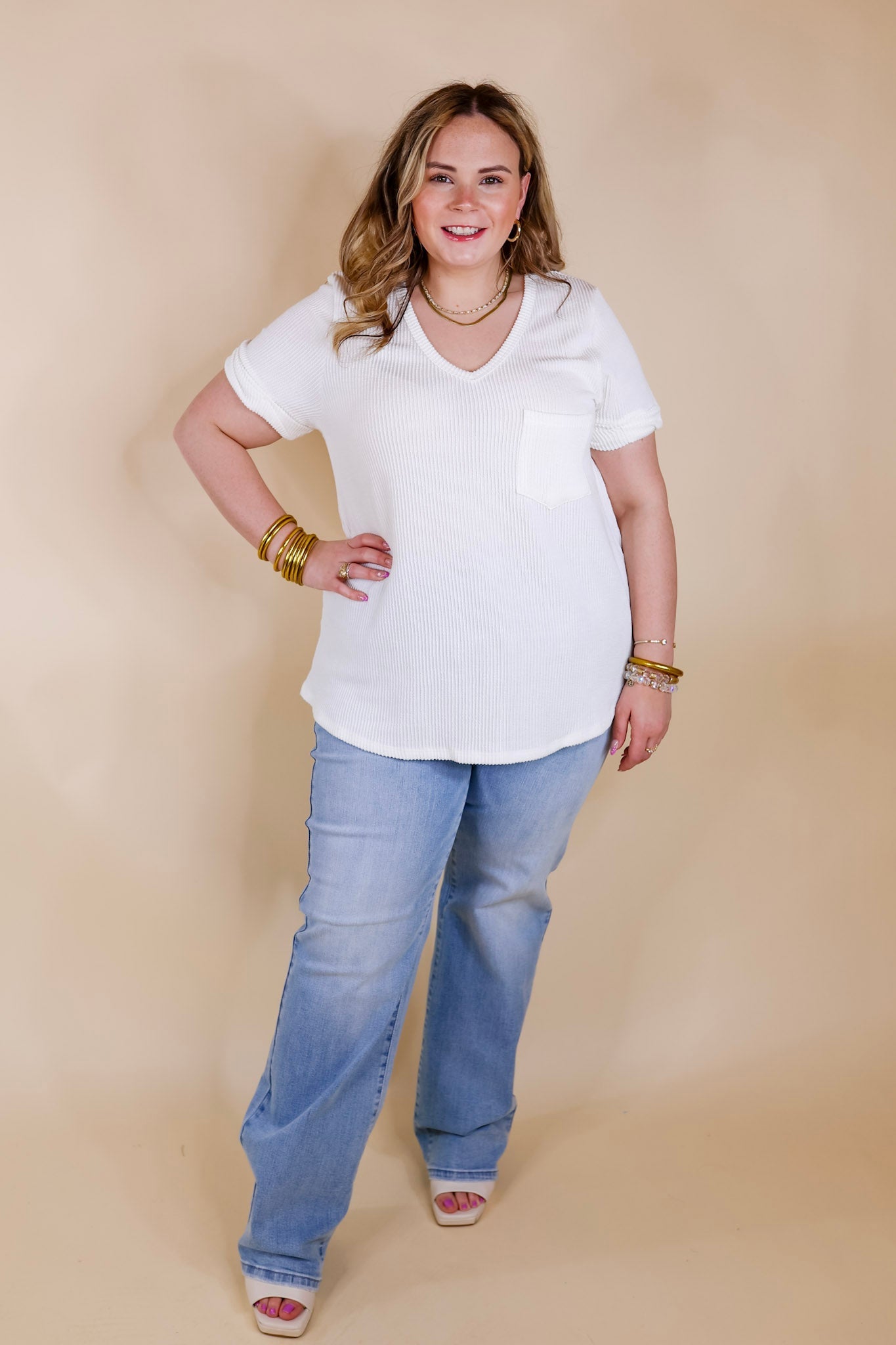 Only True Love Ribbed Short Sleeve Top with Front Pocket in Off White - Giddy Up Glamour Boutique