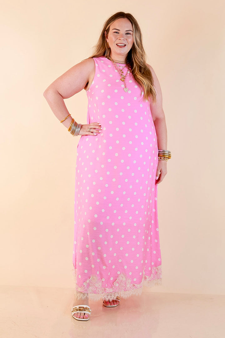 Sweet Little Something Polka Dot Sleeveless Maxi Dress with Lace Trim in Pink