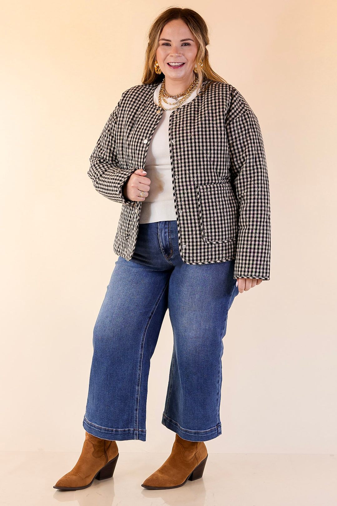 Check it Twice Quilted Gingham Plaid Jacket in Ivory and Black