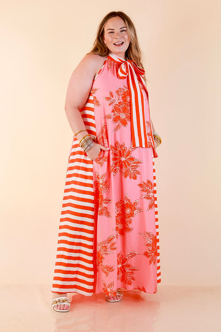 Meet Me in Palm Beach Floral Print Halter Maxi Dress with Adjustable Bow Tie Neck in Pink and Orange