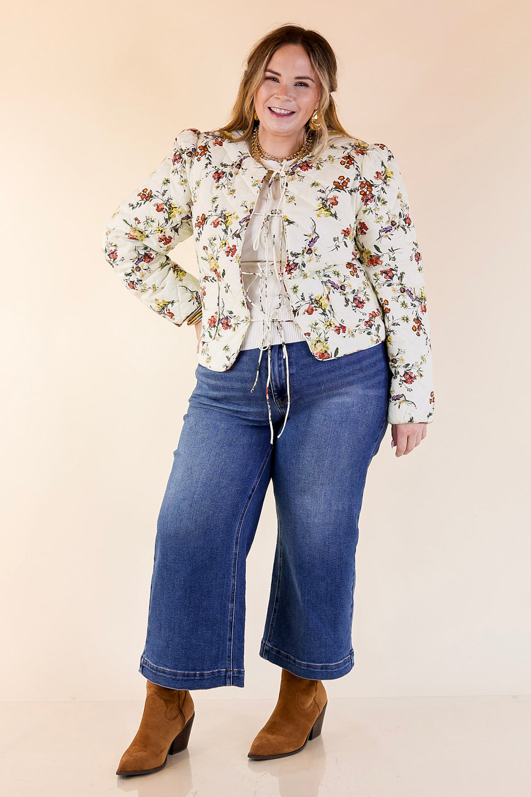 Chic in Bloom Quilted Floral Jacket with Front Ties in Ivory