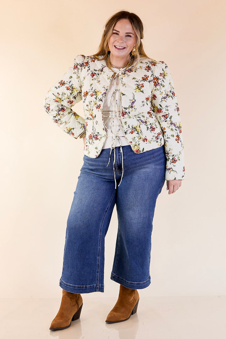Chic in Bloom Quilted Floral Jacket with Front Ties in Ivory
