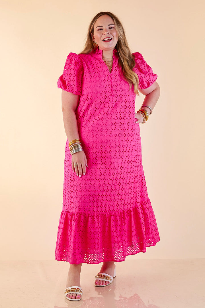 Meet Me at Sunset Eyelet Lace Puff Sleeve Tiered Maxi Dress in Hot Pink