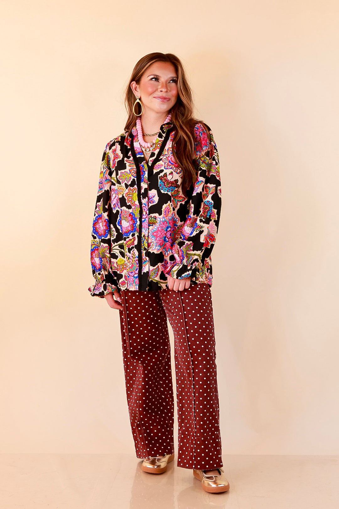 Petal Pop Floral Print Ruffle Front Button Up Long Sleeve Top with Balloon Sleeves in Black