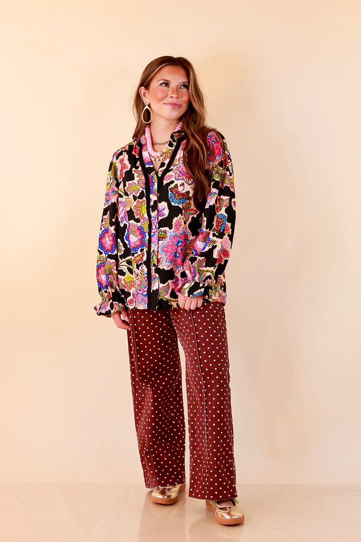 Petal Pop Floral Print Ruffle Front Button Up Long Sleeve Top with Balloon Sleeves in Black