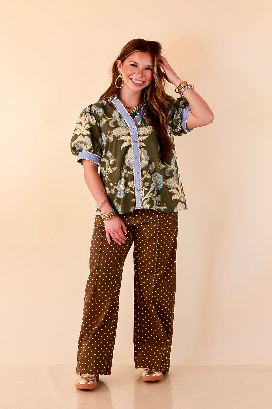 Pop of Polish Short Puff Sleeve Button Front Floral Top with Contrast Trim in Olive Green and Blue