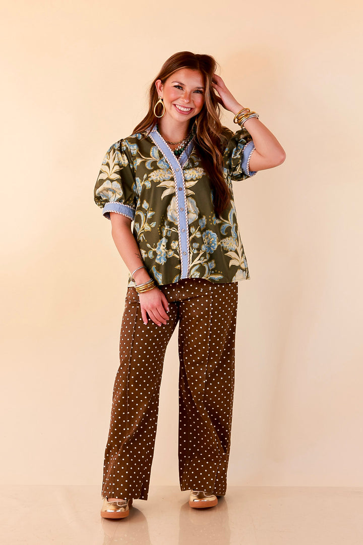 Pop of Polish Short Puff Sleeve Button Front Floral Top with Contrast Trim in Olive Green and Blue