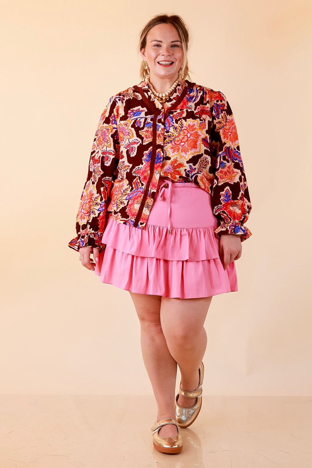 Petal Pop Floral Print Ruffle Front Button Up Long Sleeve Top with Balloon Sleeves in Coco Brown