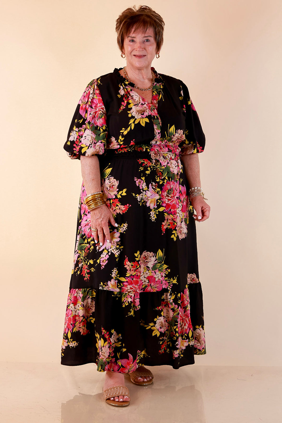 Reserved for Brunch Puff Sleeve Smocked Waist Floral Maxi Dress in Black Multi