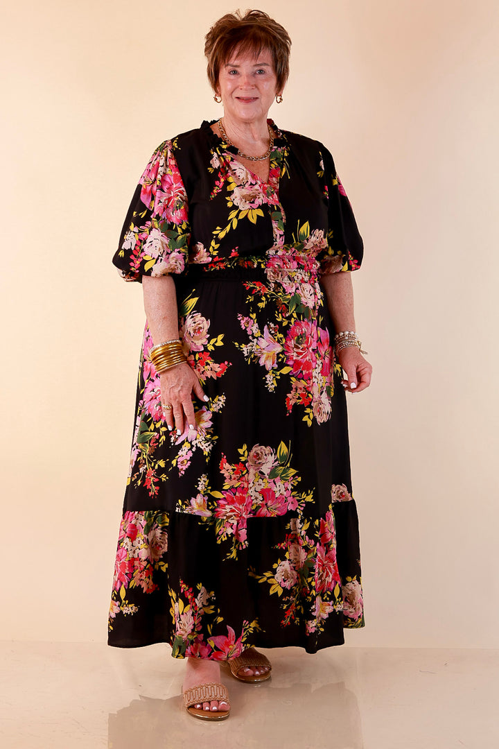 Reserved for Brunch Puff Sleeve Smocked Waist Floral Maxi Dress in Black Multi