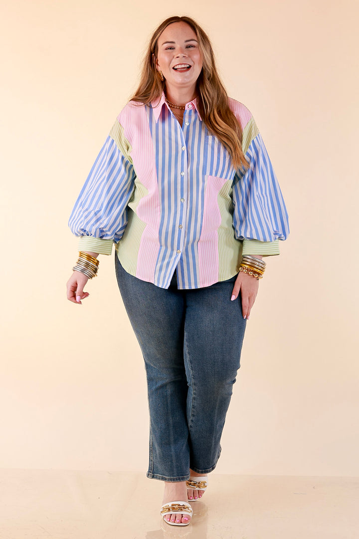 Lovely Impression Colorblock Stripe Button Front Top with Balloon Sleeves in Pink, Blue and Green