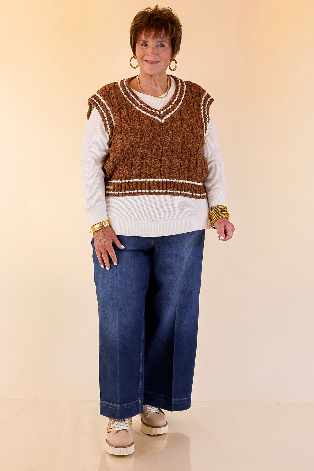 Simply Southern | Bliss Cable Knit Teddy Sweater Vest with V-Neckline and Contrast Trim in Umber Brown