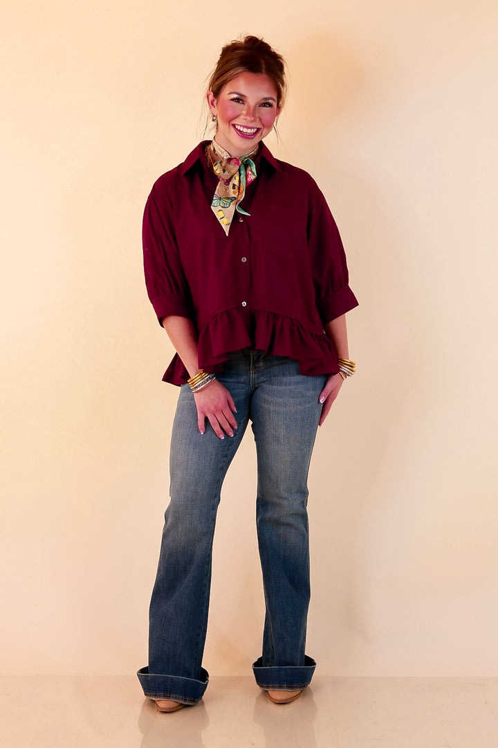Style Agenda Solid Button Down Peplum Top in Maroon
