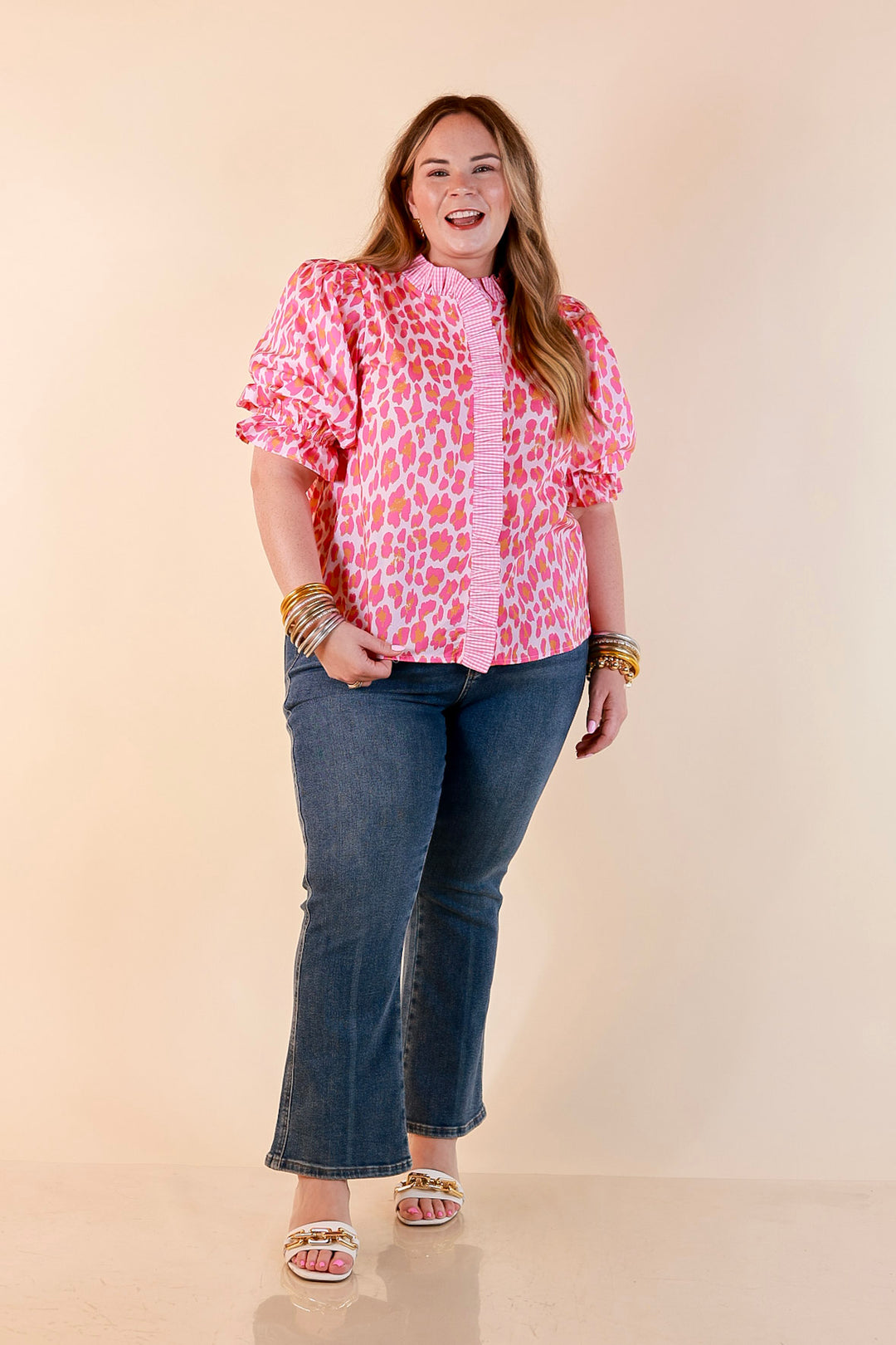 Catch the Compliments Puff Sleeve Ruffle Trim Leopard Print Statement Top in Pink and Orange