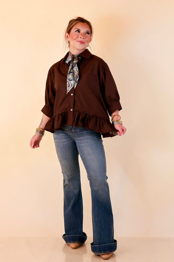 Style Agenda Solid Button Down Peplum Top in Deep Chocolate Brown