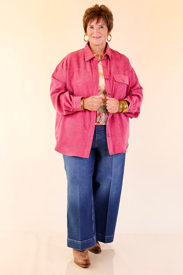 All Dolled Up Button Up Corduroy Shacket in Orchid Pink