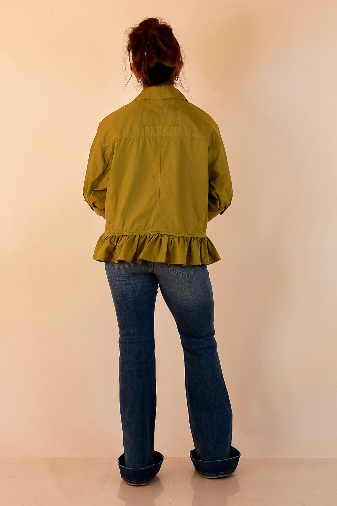 Style Agenda Solid Button Down Peplum Top in Chartreuse Olive Green