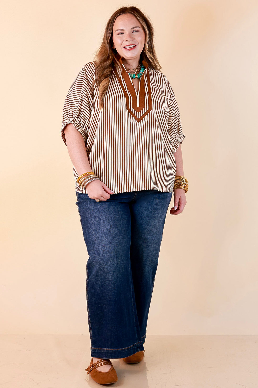 Naturally Stylish Stripe Top with Contrast Stripe Trim and Short Dolman Sleeves in Camel Brown
