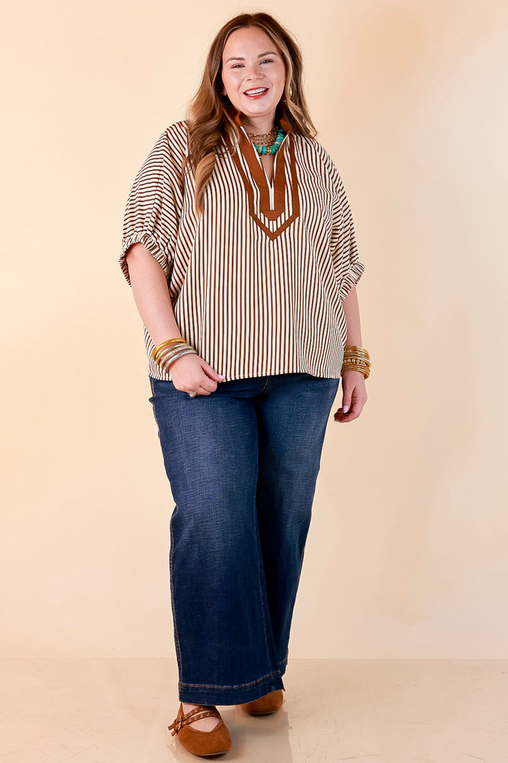 Naturally Stylish Stripe Top with Contrast Stripe Trim and Short Dolman Sleeves in Camel Brown