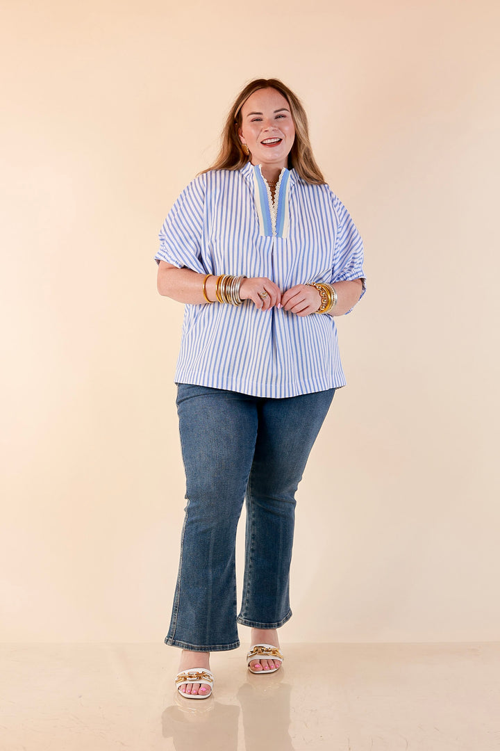 Naturally Stylish Striped Poncho Top with Lace Trim Details and Dolman Sleeves in Baby Blue