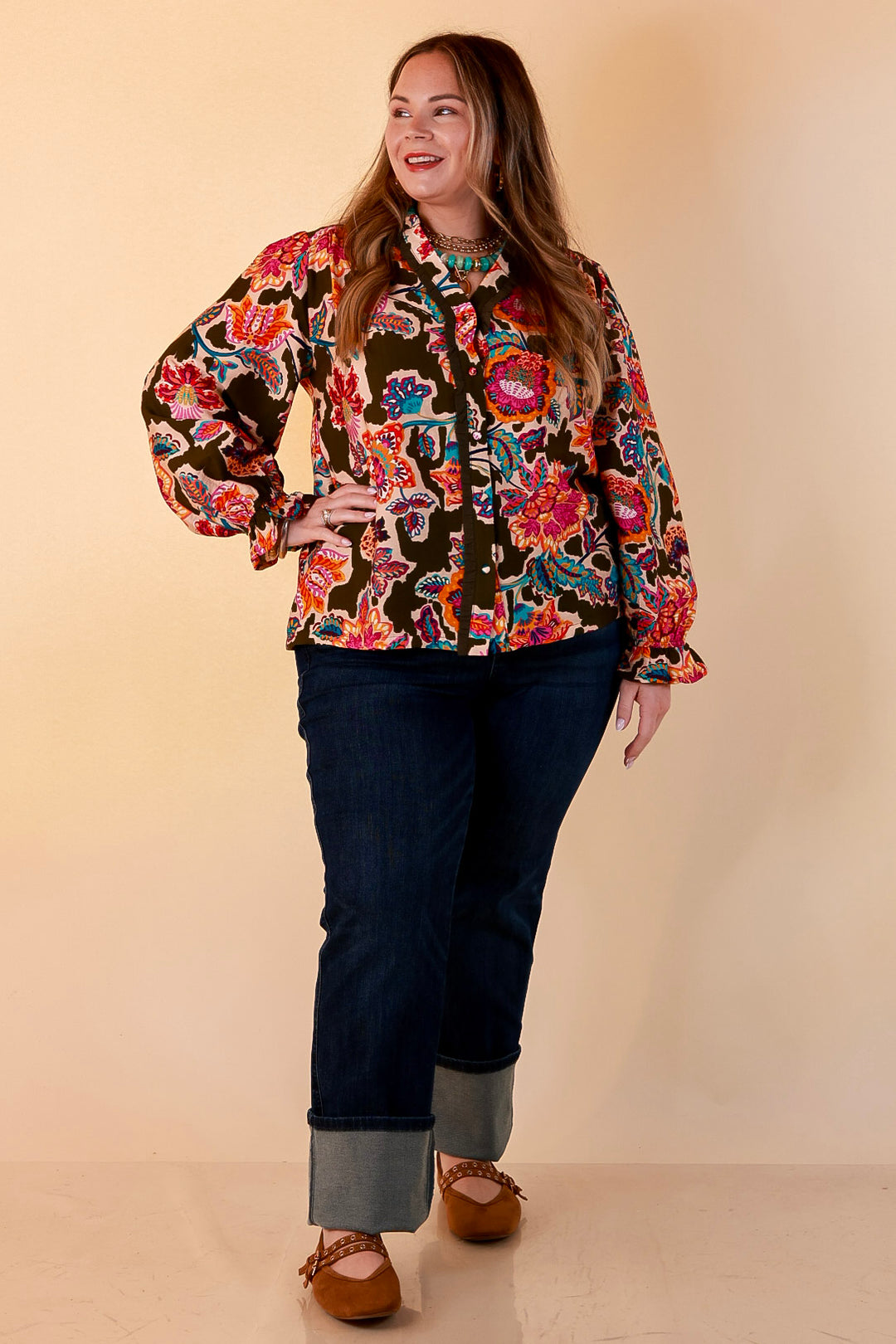 Petal Pop Floral Print Ruffle Front Button Up Long Sleeve Top with Balloon Sleeves in Olive Green