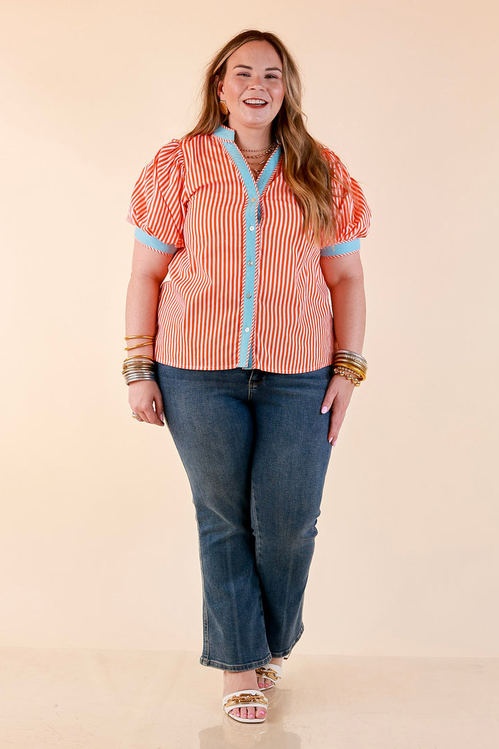 Pop of Polish Short Puff Sleeve Button Front Top with Contrast Trim in Orange, White and Sky Blue
