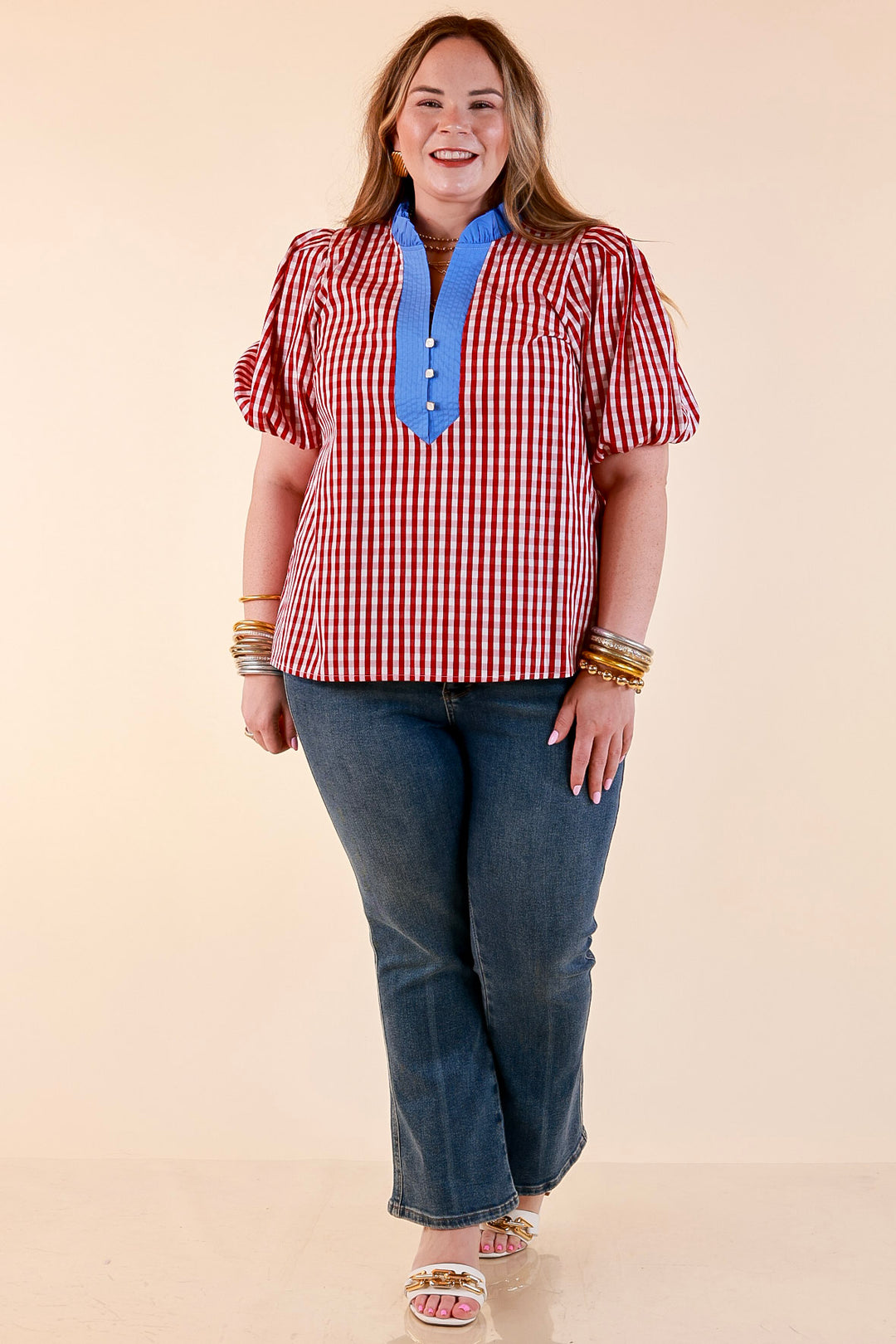 Polished &amp; Playful Short Puff Sleeve Gingham Top with Contrast Blue Trim in Red and White