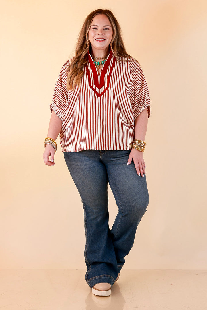 Naturally Stylish Stripe Top with Contrast Stripe Trim and Short Dolman Sleeves in Brick Red