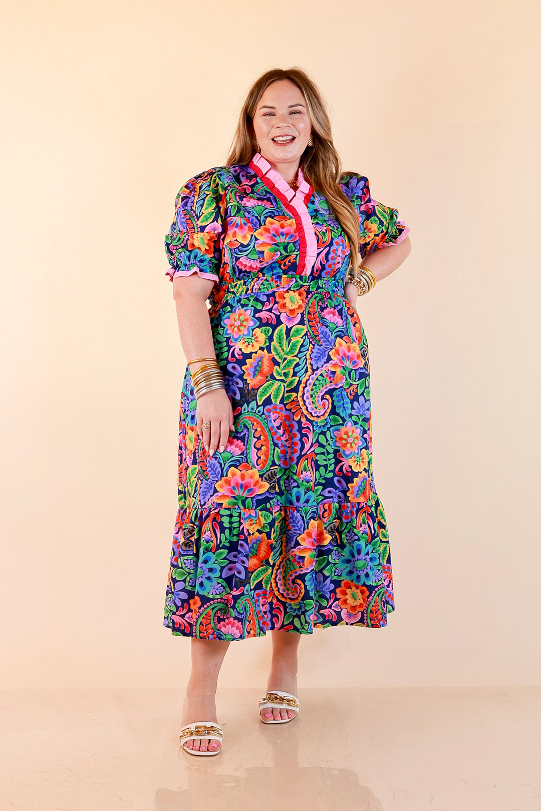 Gracefully Yours Floral and Paisley Print Midi Dress with Contrast Ruffle Trim in Navy Blue