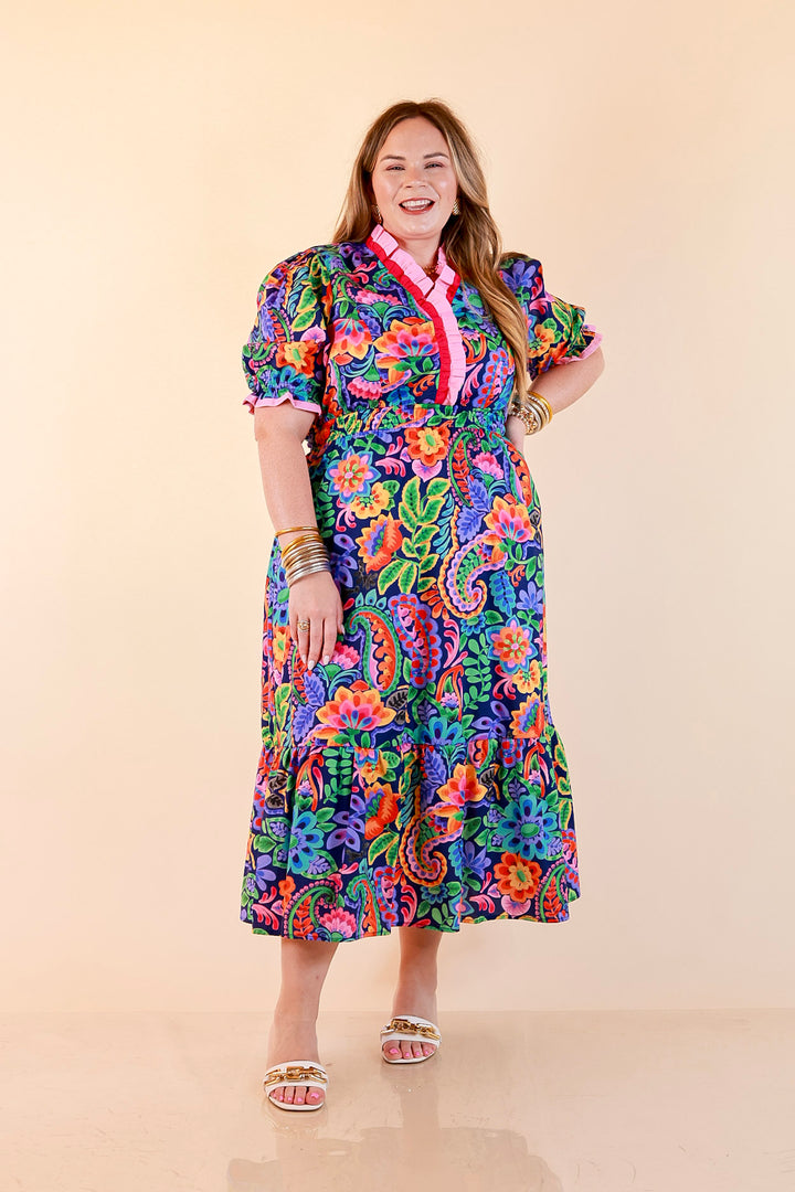Gracefully Yours Floral and Paisley Print Midi Dress with Contrast Ruffle Trim in Navy Blue