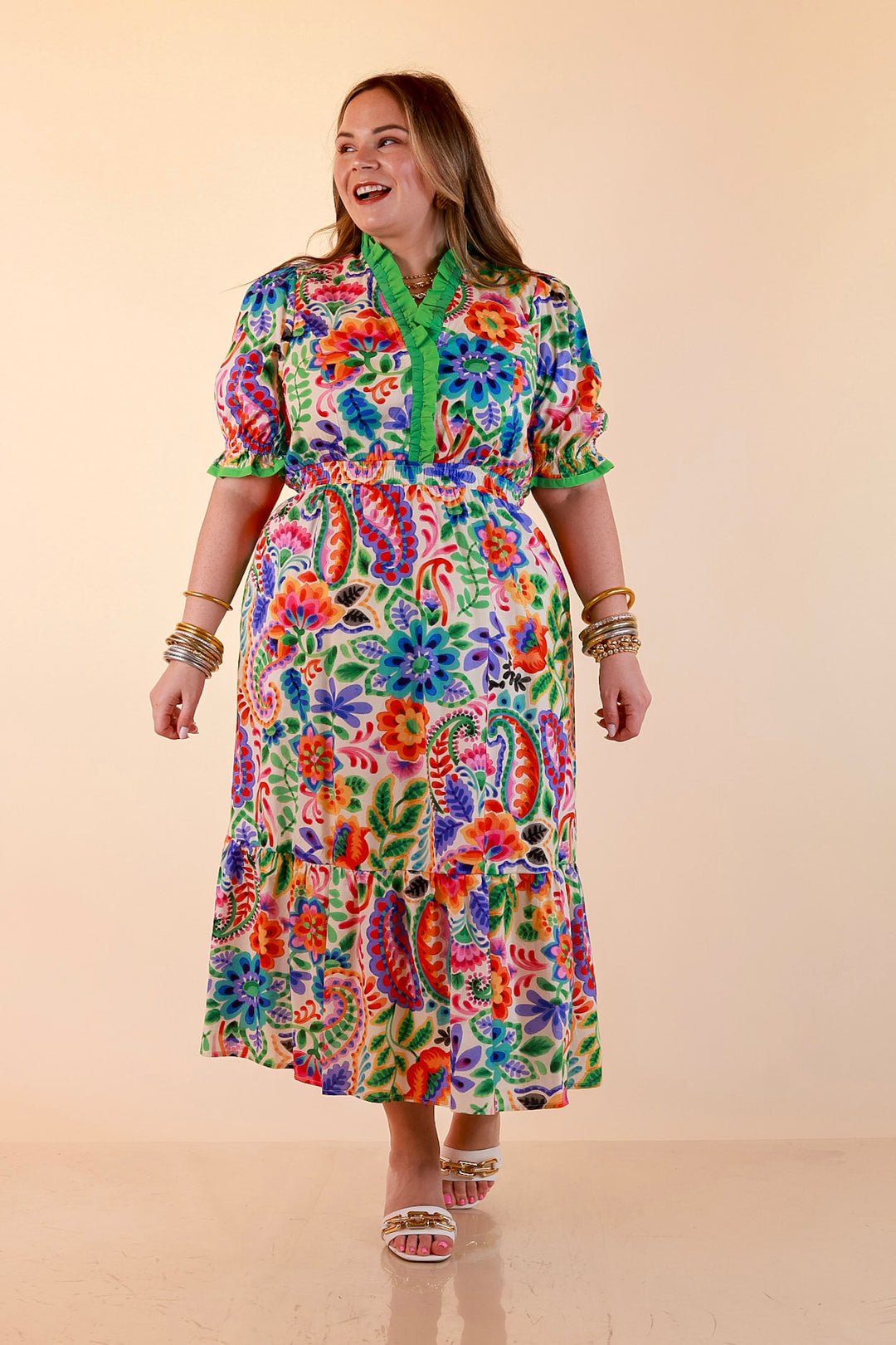 Gracefully Yours Floral and Paisley Print Midi Dress with Contrast Ruffle Trim in Ivory