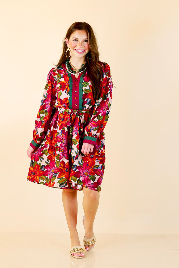 Color Me Confident Floral Print Button Front Contrast Trim Dress in Ivory, Plum and Emerald Green