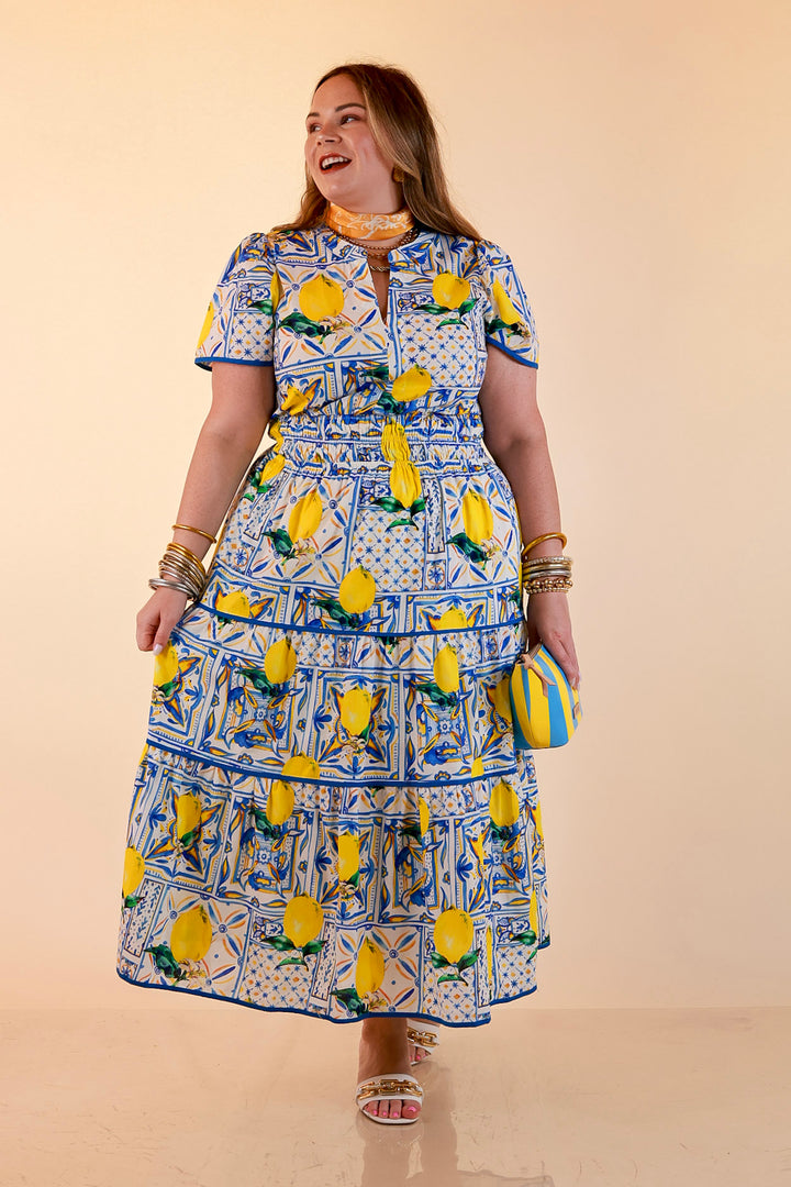 Villa Views Lemon and Tile Abstract Print Tiered Midi Dress in Blue and Yellow