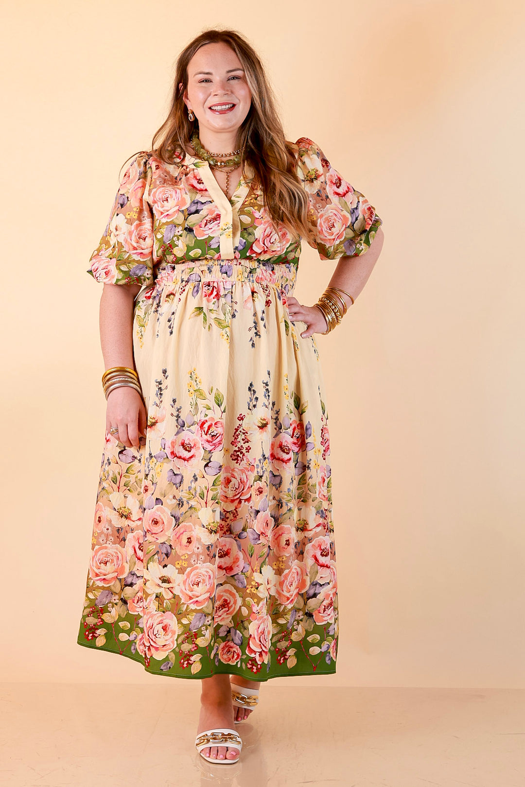 Brunch with the Girls Puff Sleeve Smocked Waist Floral Print Tiered Midi Dress in Ivory and Olive Green Multi