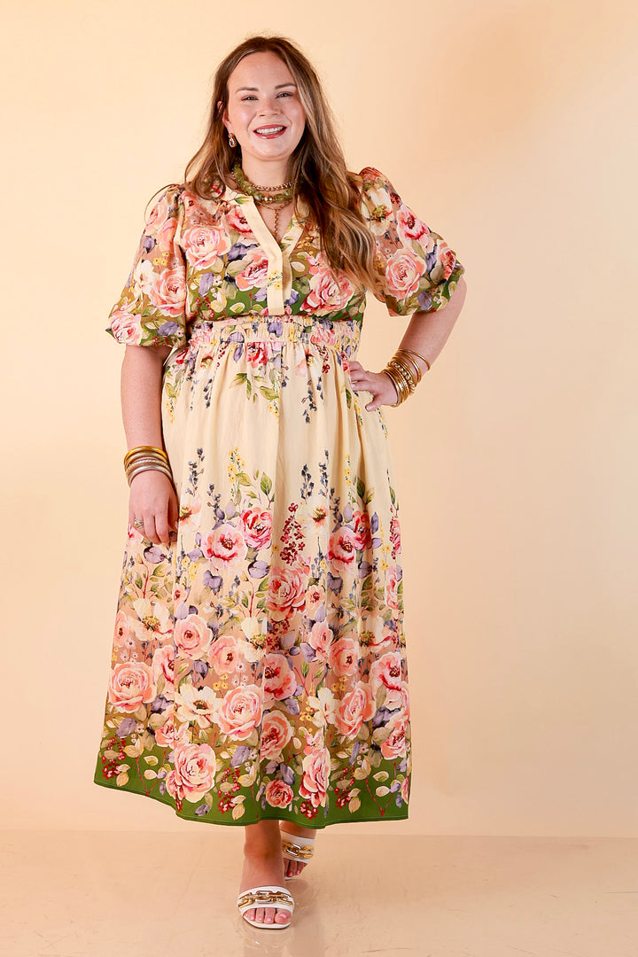 Brunch with the Girls Puff Sleeve Smocked Waist Floral Print Tiered Midi Dress in Ivory and Olive Green Multi