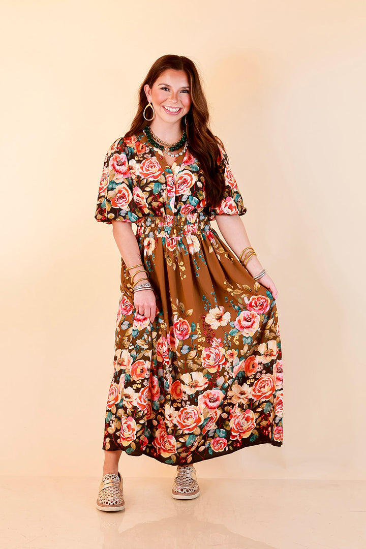 Brunch with the Girls Puff Sleeve Smocked Waist Floral Print Tiered Midi Dress in Chocolate Brown Multi