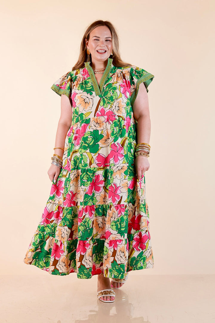 Spring Symphony Floral Print Tiered Midi Dress with Flutter Sleeves in Pink and Green
