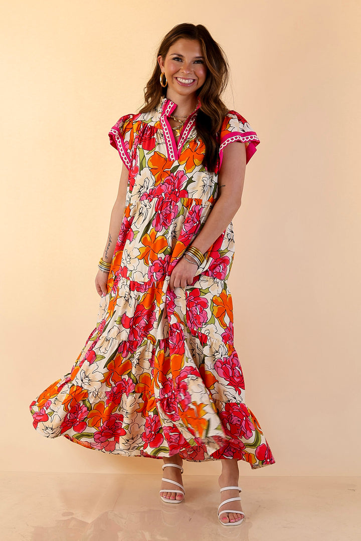 Spring Symphony Floral Print Tiered Midi Dress with Flutter Sleeves in Pink and Orange