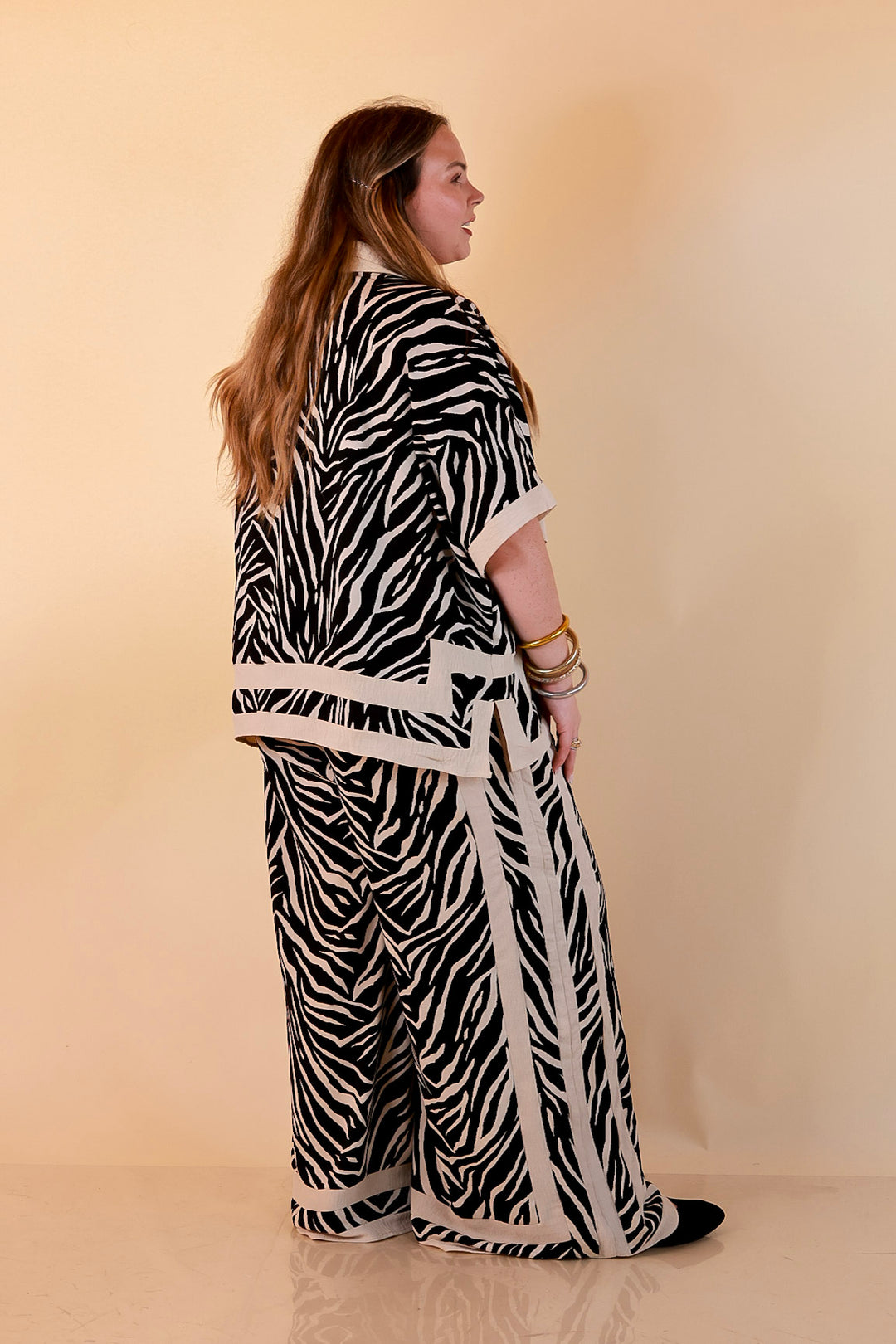 First Class Chic Button Front Collared Top with Matching Wide Leg Pants Set in Black and Ivory Zebra Print
