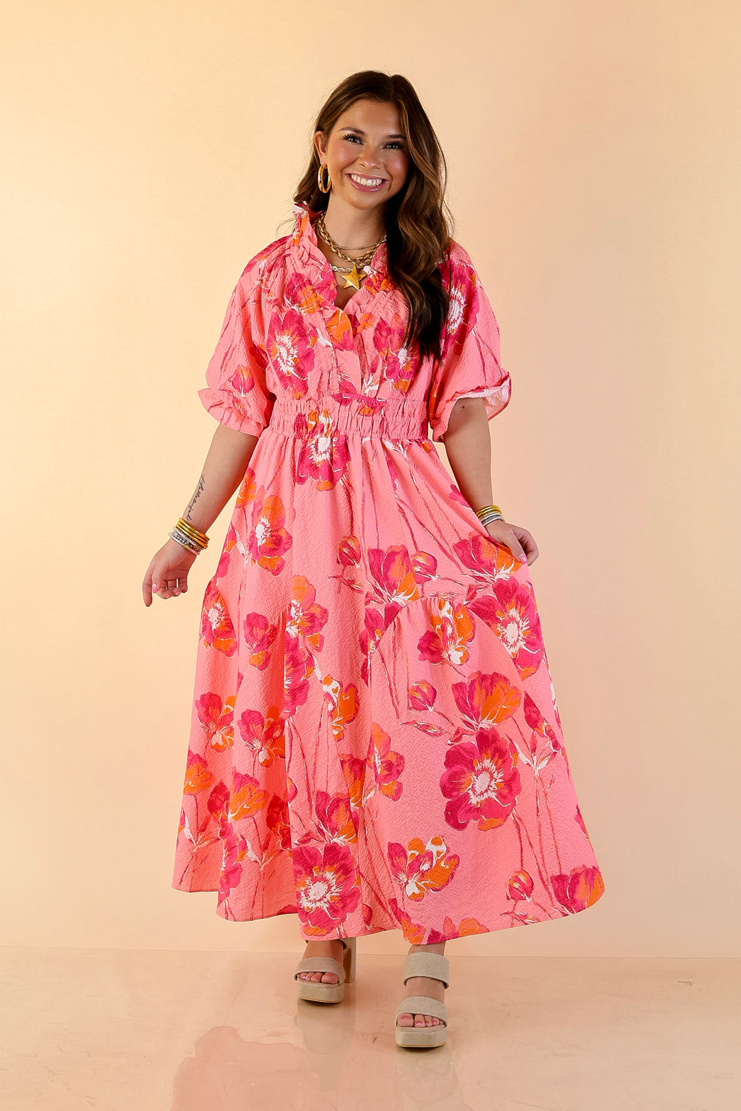 Breezy Belle Floral Print Textured Puff Sleeve Midi Dress with Smocked Waist in Pink Mix