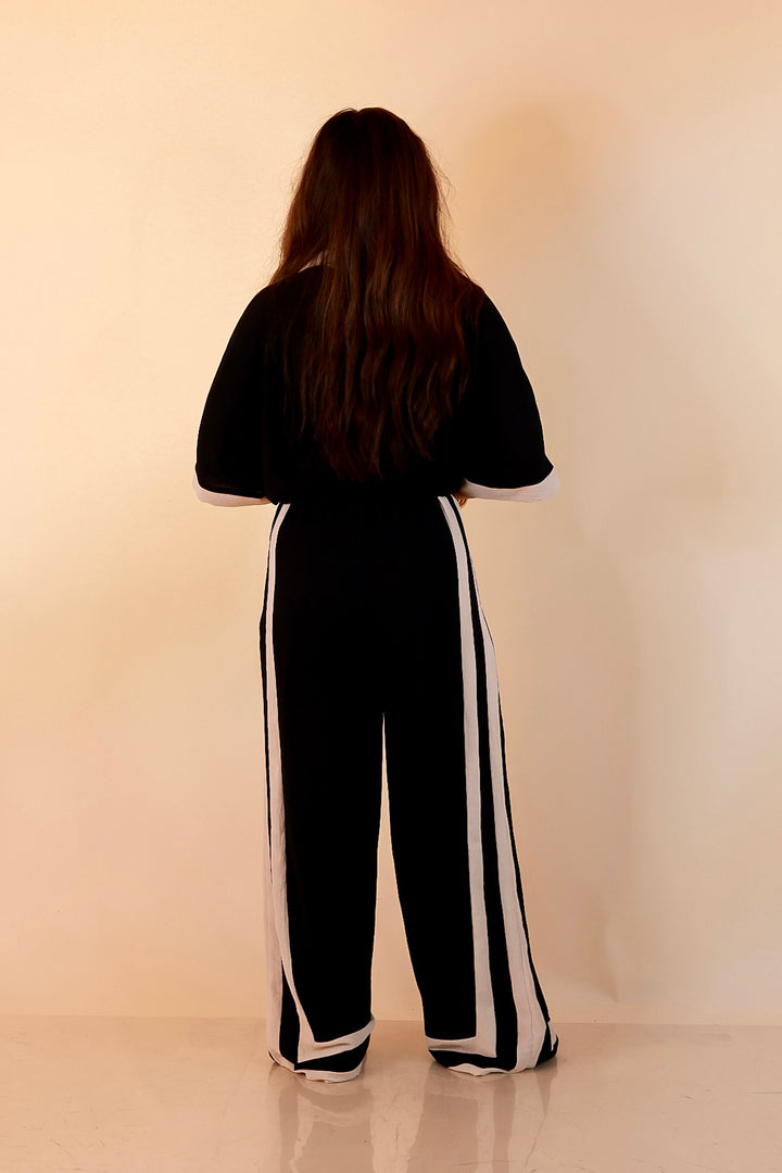 First Class Chic Button Front Collared Top with Matching Wide Leg Pants Set in Black and Ivory