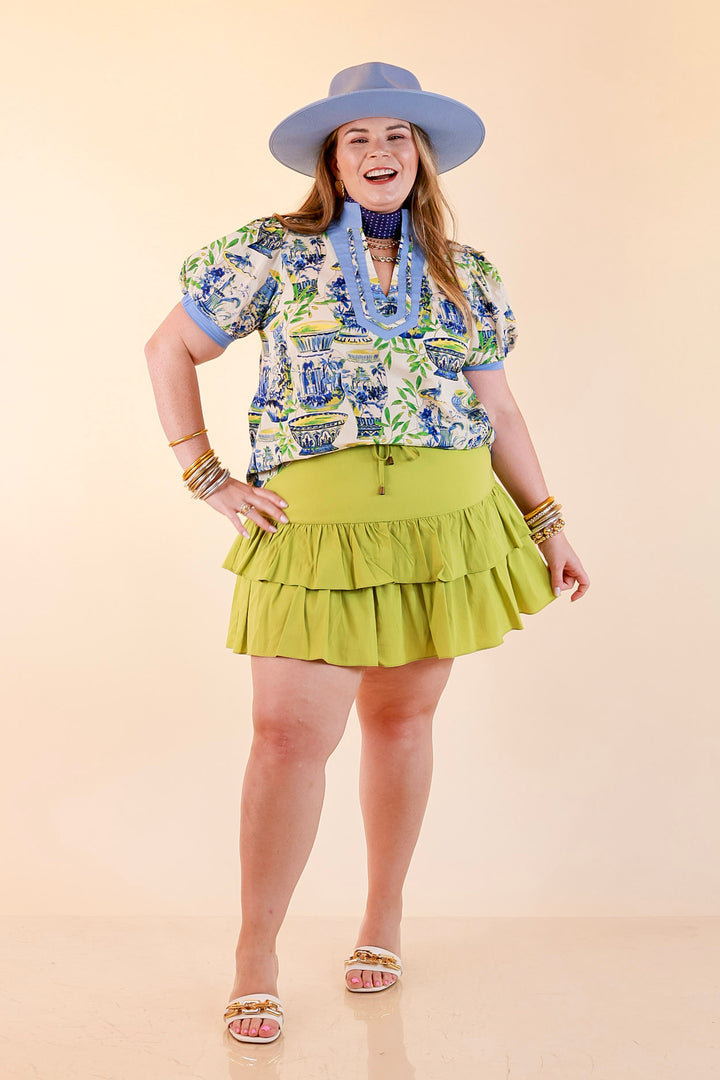 Coast is Clear Vase Print Contrast Trim Top with Puff Sleeves in Blue Multi