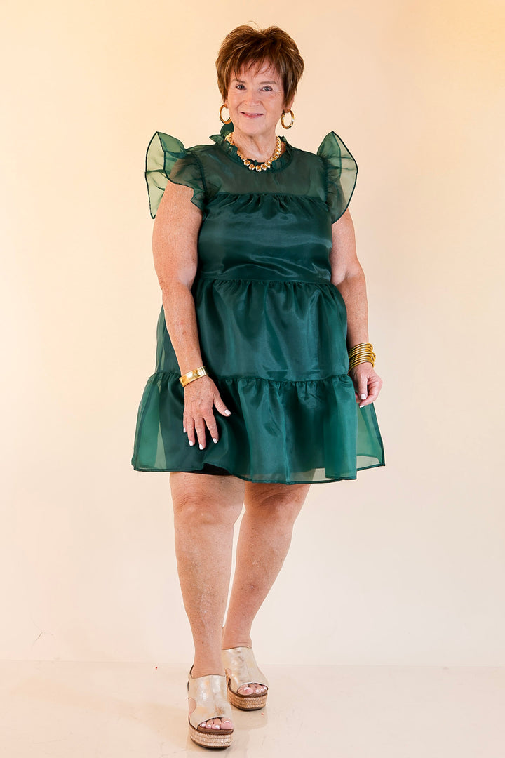 Mud Pie | Jane High Neck Sheer Tulle Ruffle Tiered Dress in Forest Green