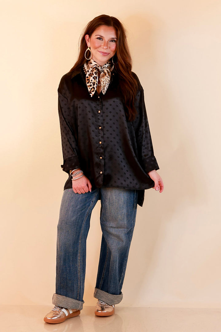 Polished Point of View Satin Collared Polka Dot Button Down Blouse with Gold Buttons in Black