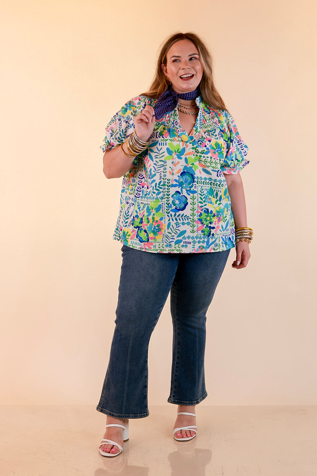 Living in Color Watercolor Floral Print Textured Top with Puff Sleeves in Ivory