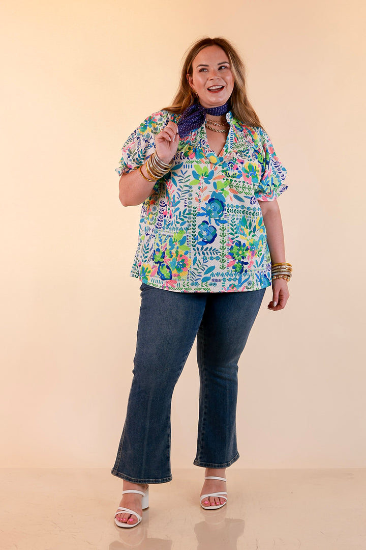 Living in Color Watercolor Floral Print Textured Top with Puff Sleeves in Ivory